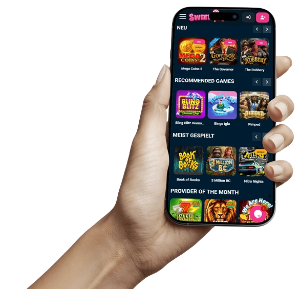 Mobile Oberfläche des SweetSino Casinos auf einem Smartphone
