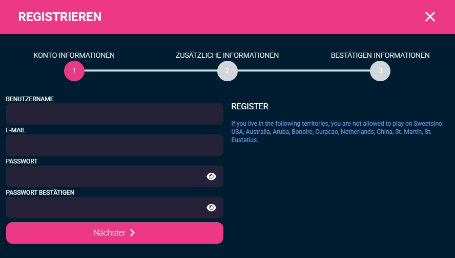 Registrierung im SweetSino Casino