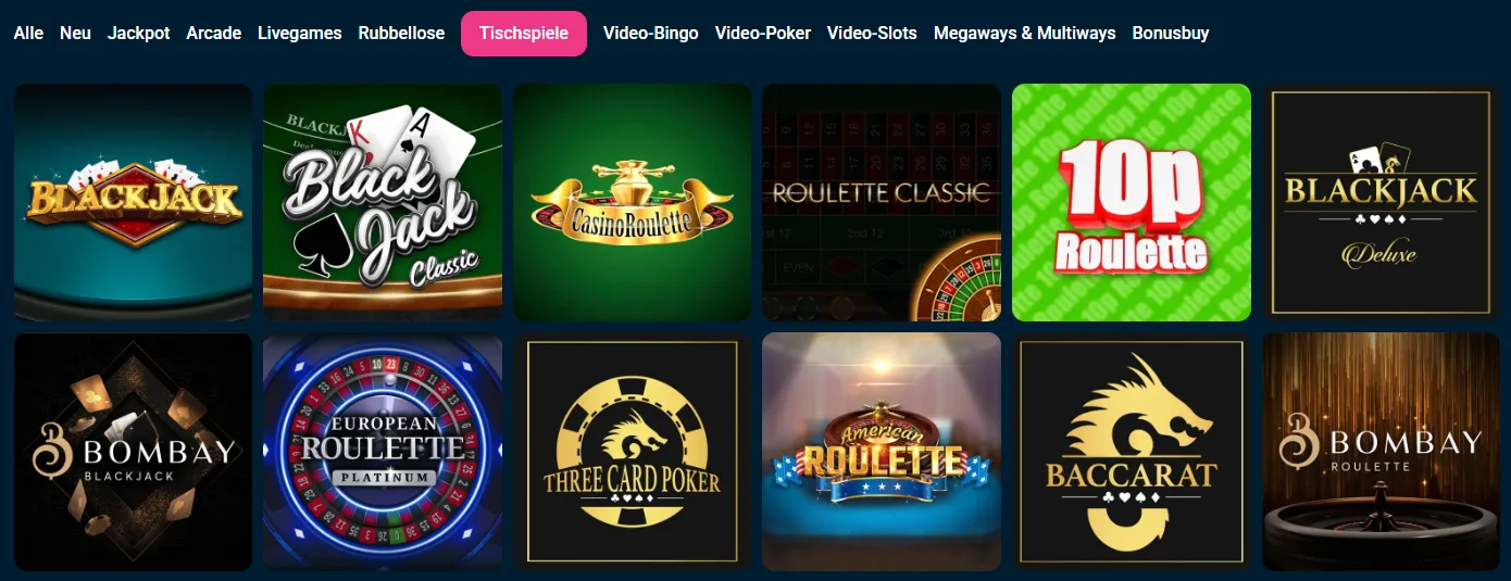 Tischspiele im SweetSino Casino mit Blackjack, Roulette, Baccarat und Poker