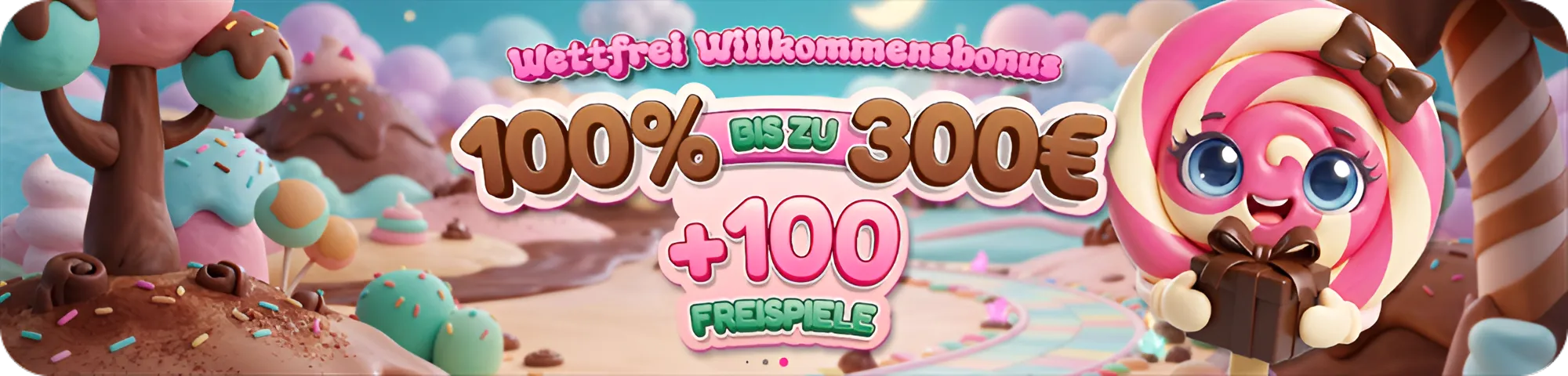 Sweetsino Casino Desktop-Banner mit 100 % Willkommensbonus bis 300 € und 100 Freispiele