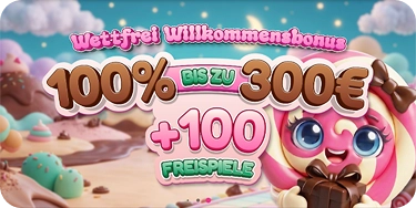 Sweetsino Casino Mobile-Banner mit 100 % Willkommensbonus bis 300 € und 100 Freispiele